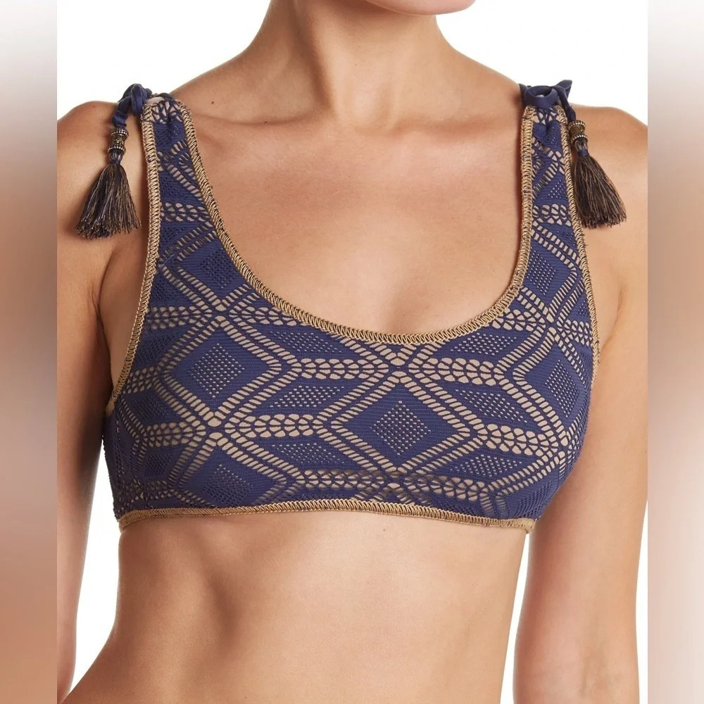 BECCA Wanderlust Crochet Tassel Bikini Top, NAVY, Size Medium, NWT​ - Picture 2 of 10